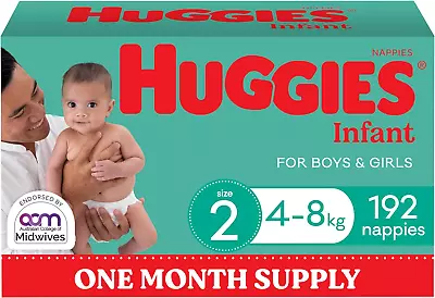 Huggies Infant Nappies Size 2 (4-8Kg) 192 Count - One Month Supply (Packaging Ma • $91.96