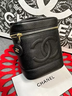 CHANEL CC Vanity Hand Bag Caviar Black Leather Gold France Vintage JAPAN 602 • $610