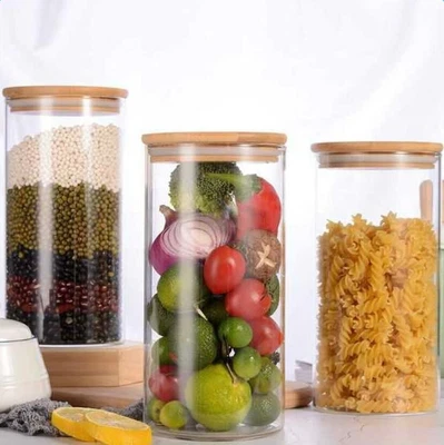 £11.99 • Buy Set Of 3 Glass Storage Jars With Bamboo Lids Airtight Kitchen Storage Jar 900ml