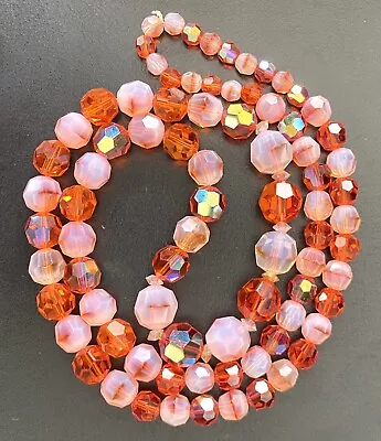 Vtg Orange Faceted AB Fire Opal Givre Glass Graduated Bead Necklace 28” Czech • $8