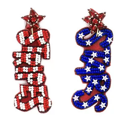 Patriotic 4th Of July Red White & Blue Stars And Stripes Seed Bead Earrings • $11.25