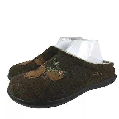 LL Bean Women's Brown Wool Daybreak Scuff Shoes US 9 Moose Motif Slippers • $42.20