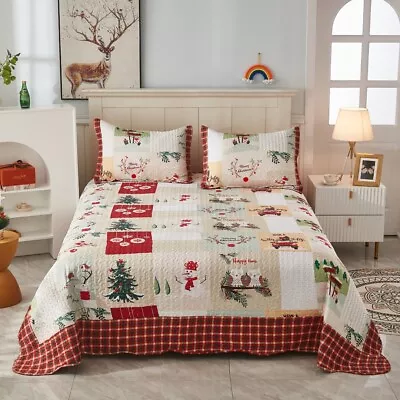 3 Piece Christmas Quilt Set Rustic Lodge Cabin Bedspread Quilt Set B022 • $49.98