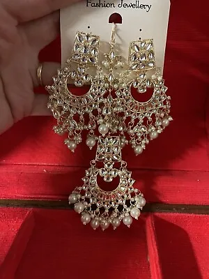 Bollywood Style Gold Plated Indian Jewelry Kundan Mangtika Jhumka Earrings Set • $24.99