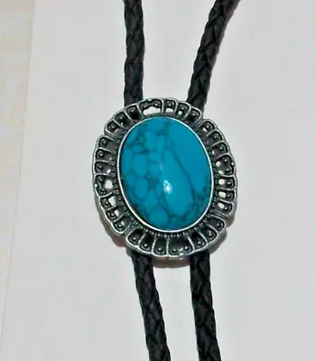 Western Bolo Tie Western Cowboy Necktie Necklace Oval Blue • £12.50