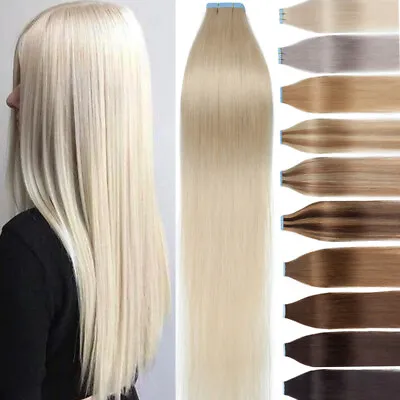£23.28 • Buy AAA+ Straight Tape In 100% Remy Human Hair Extentions Thick Glue Skin Weft Brown