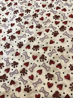 Vintage Cotton Fabric - Dog Bones Paw Prints Hearts - 2 Yards X 45” • $6