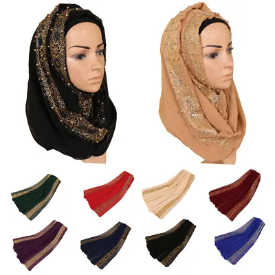 Fashion Womens Golden Lace Muslim Long Scarf Hijab Head Scarf Shawls Head Wraps • £11.88