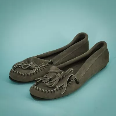 Minnetonka Size 8 Kitty Hardsole Moc Gray Slip On Tassel Fringe Toe Shoes Flats • $29.75