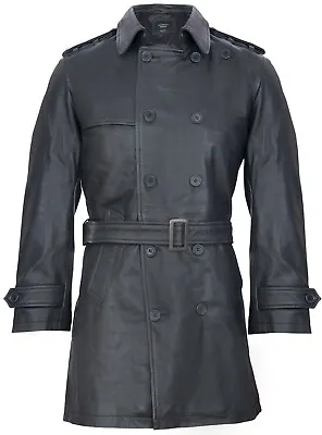 Mens Black German Military WW2 Vintage Long Trench Coat Genuine Leather Jacket • $361.77