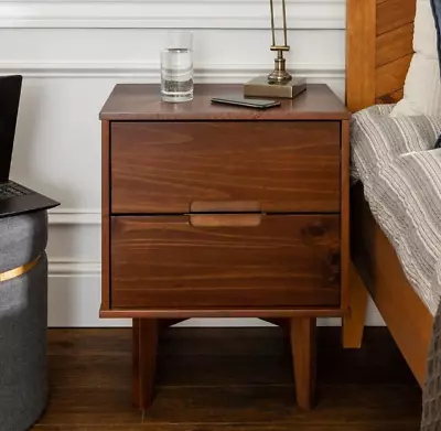 2-Drawer Walnut Mid-Century Modern Nightstand - Solid Wood Bedside Table NEW • $159.65