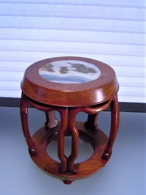 $89 • Buy Vintage Asian Hand Carved Wood And Stone Drum Style Table Stand