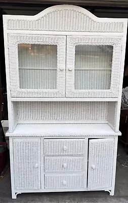 Vintage Rare Retro Rattan White Wicker Hutch & Drawer Storage Cabinet W Light • $1600