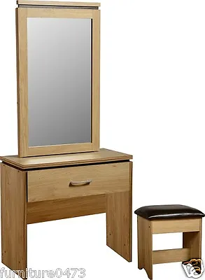 Oak Effect 1 Drawer Dressing Table Set With Stool & Storage Mirror CHARLEY • £279
