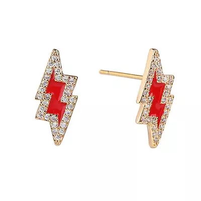 Gold Plated Enamel Lightning Bolt Stud Earrings Micro Pave Cubic Zirconia • $22.99