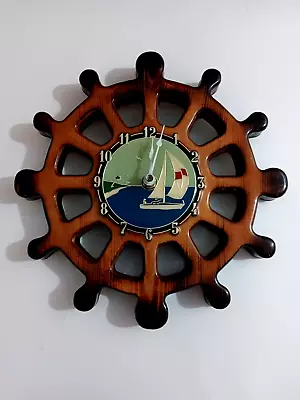 Vintage Wooden Ships Wheel Clock With Sail Boat & Palm Trees (4 ) Dial • $35