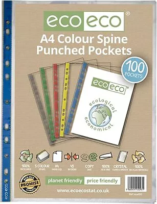 Eco-eco A4 100% Recycled Coloured Spine Multi Punched Pockets Glass Clear ECO093 • £8.95