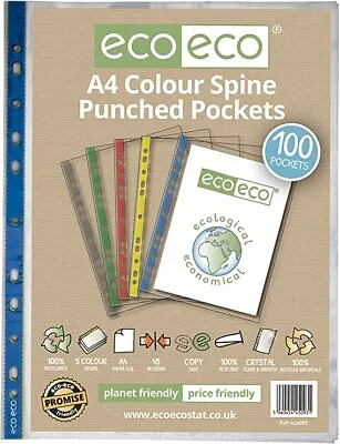 ECOECO A4 100% Recycled Coloured Spine  Punched Pockets Glass Clear ECO093 QTY 3 • £19
