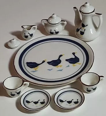 Vintage Mini Tea Set 11 Piece Miniature Blue White Porcelain Tea Set Ducks/Geese • $15.99