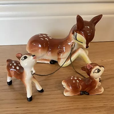 Vintage 1950s MCM Deer Figurine Mom Baby Fawns Chain Leash 3 Piece Ceramic Decor • $75