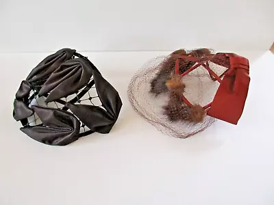 Vintage Brown Fur Mink Hat With Large Satin Bow & Netting Lot Of 2 • $19.99