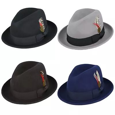 Mens Boys C-Crown Trilby Hat 100% Wool Crushable Felt Fedora Homburg Packable • £22.99
