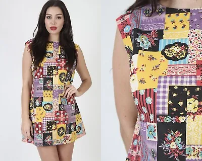 Vtg 60s Americana Patchwork Quilt Square Mod Micro Mini Dress Shift Short Frock • $58.90