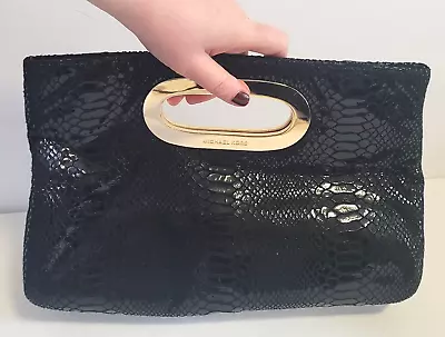 Michael Kors Berkley Clutch Black Faux Snakeskin Sequin Gold Handle Designer • $95.66