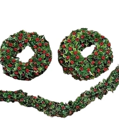 Vintage Lot Holly And Berries Pair Of Candle Rings Wreath 82  Plastic Garland  • $24