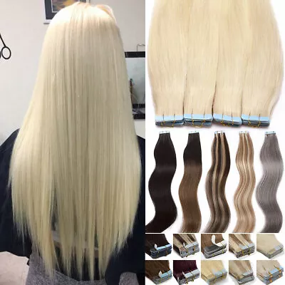 Thick 200g 10-80pcs Tape In Remy Real Human Hair Extensions Skin Weft FULL HEAD • $32.24