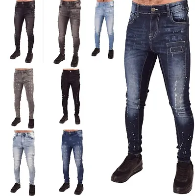 £16.99 • Buy Mens Super Stretch Skinny Jeans Denim Designer Distressed Paint Spray Ons Tight 