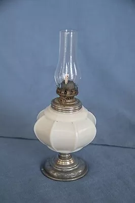 Vintage Miniature Kerosene Lamp White Milk Glass Ribbed Font Pewter Foot Chimney • $9.99