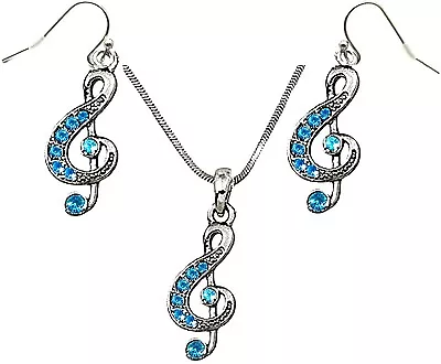 Silver Tone Blue Crystal Treble G Clef Music Note Necklace And  Earrings Set • $14.95