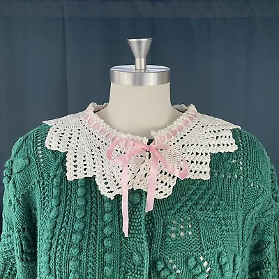 Vintage 60s Crochet Doily Detachable Ribbon Bow Collar • $25