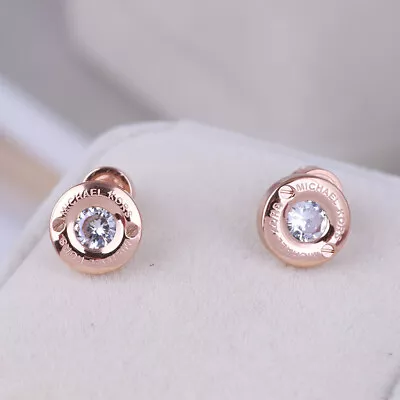Michael Kors Pave Logo Zircon Crystal Round Studs Earrings Rose Gold W/ Gift Box • $16.99