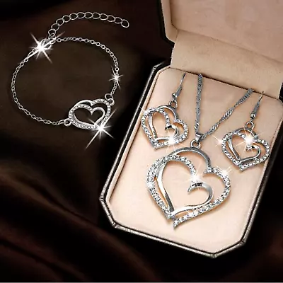 Woman Necklace Earrings Bracelet 4Pcs Sets Heart Pendant Jewelry For Women Daily • $2.99