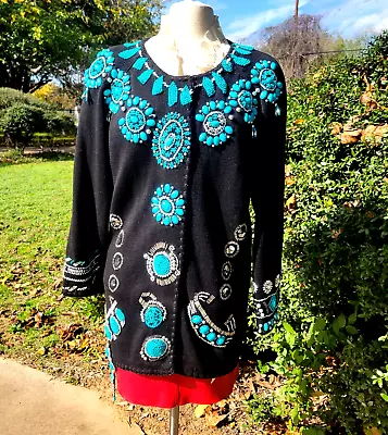 Rare Michael Simon M  Turquoise Beaded Christmas/Western Sweater Cardigan • $150