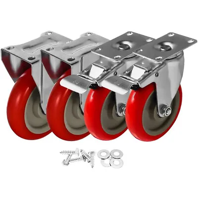 4 Pack Combo 5  Red PU Caster Wheel W/ Hardware (2 Swivel Brake & 2 Rigid Fixed) • $22.99