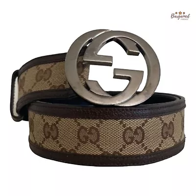 Authentic GUCCI Brown Monogram Canvas Silver Interlocking G Buckle Belt 90/36 • $265