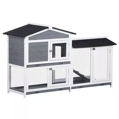 PawHut 2-Tier Wooden Rabbit Hutch Guinea Pig House Pet Cage Outdoor W/ Tray Ramp • £129.99