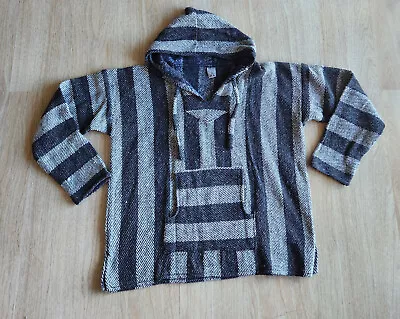 Mexican Baja Poncho Drug Rug Hoodied Warm Jacket Fleece Lined Black White Sz.XL • $24.98