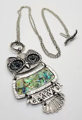 Silvertone Cookie Lee Owl Pendant Showing Off With Abalone And Rhinestone Eyes • $15.99