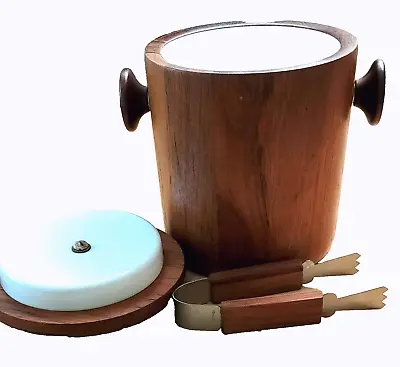 Vtg Teak Wood Ice Bucket With Knobs   Matching Tongs  Mid Century Modern  Style • $39.95