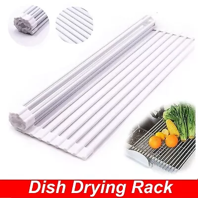 Dish Rack Drying Drainer Over Sink Stainless Steel Rack Roll Up Foldable Kitchen • $27.49