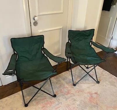 A Pair Of High-back Folding Metal Framed Camping Chairs In Green With Cup Holder • £15