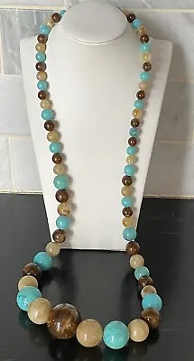 Vintage Chunky Marbled Brown Tan Turquoise Graduated Beads Necklace • $18