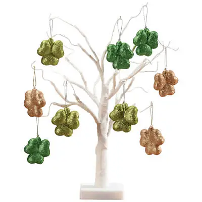 Pre-Lit White Wire 18  Tabletop Tree With Set Of 9 Shamrock Hanging Ornaments • $42.49