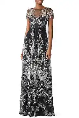 Marchesa Notte Embroidered Dotted Gown Tulle Black Mesh White/silver Sz 14 FLAW • $98