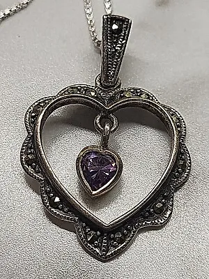 Vintage Floating Amethyst Heart Marcasite Stone Necklace 12” Sterling 925 • $8
