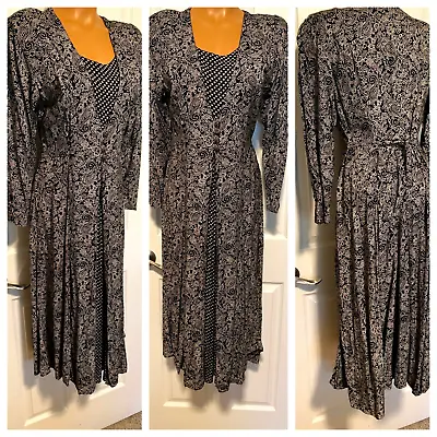 Vtg Starina 40's Style Black & White Paisley & Floral Layered Rayon Dress Sz M • $39.99